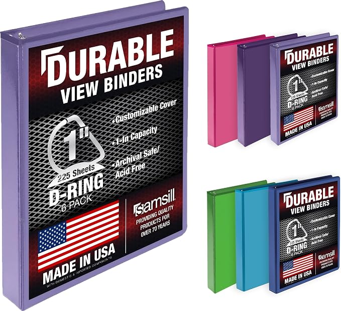 Samsill Durable 1 inch 3 Ring Binder, D Ring Binder, 100% Recycled Chipboard, Island Assortment, 6 Pack