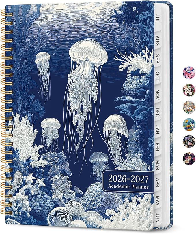Planner 2026-2027, Monthly & Weekly Jul 2026-Jun 2027 Calendar Book | 6.3" x 8.5", Hardcover Spiral Planner with Tabs, School & Daily Pretty Agenda for Women, Students, Teachers, Ocean Etching
