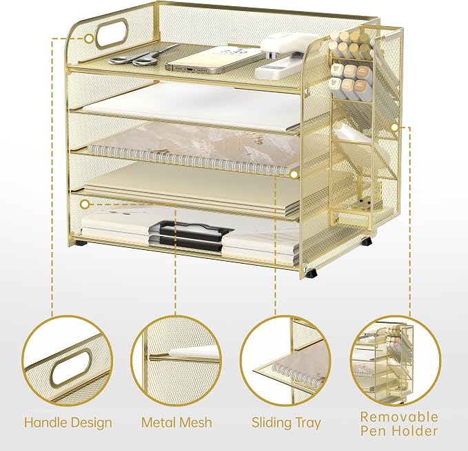 5-Tier Paper Organizer for Desk with Pen Holders, Letter Trays, Gold | Metal Mesh Desktop File Organizer with Removable Trays and 2 Handles for Paper, Files, Mail, Folders in Office Home or School