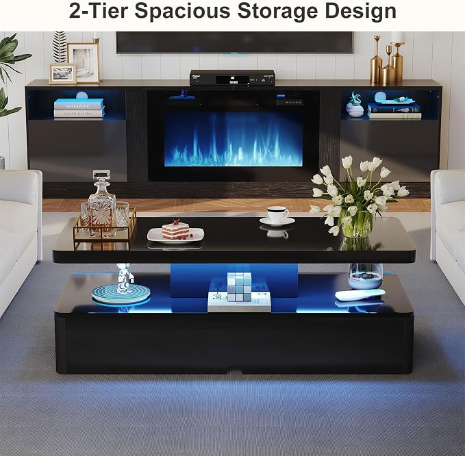 MXV Modern Coffee Table, 40 Inches Coffee Tables with 16 Colors LED Lights, 2 Tier Rectangular Center Table, Large Storage Space, High Glossy Wooden Tea Table for Living Room, Bedroom, Office, Black