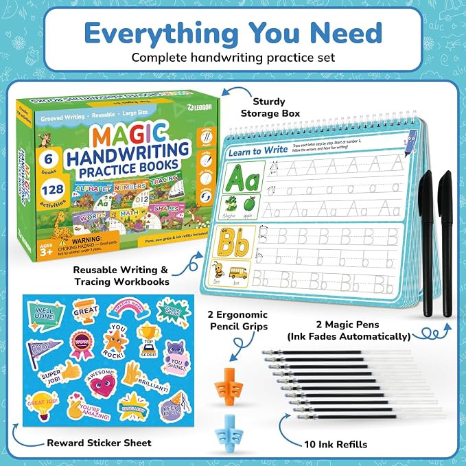 LEOGOR Magic Grooved Writing Practice for Kids - 6 Grooved Writing Books for Kids 3-5 & 6-8 - Disappearing Ink Handwriting Books - Traceable Letters Numbers for Preschool - Reusable Learning Activity