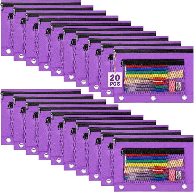 Zhehao 20 Pcs Pencil Pouch 10.24 x 7.28 Inch 3 Ring Binder Zipper Pouches Pencil Bags with Mesh Window Binder Pencil Case for Office School Students Supplies (Purple)