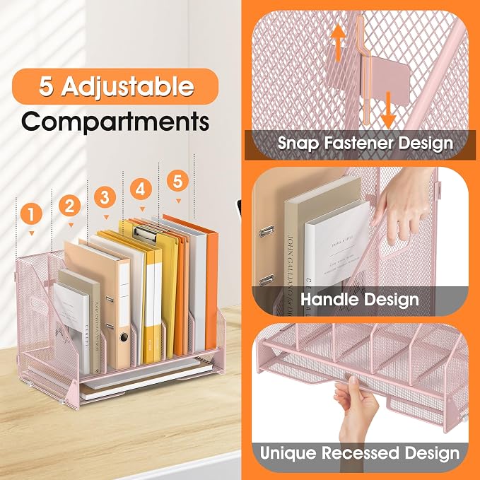 5 Vertical Mesh Desk Organizer with Paper Letter Tray, Pink | Sorting racks with lower letter tray section. Multipurpose mesh desktop space saver for home office and school