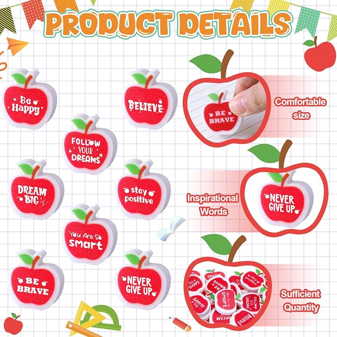 50 Pcs Mini Apple Erasers Bulk Inspirational Back to School Gift