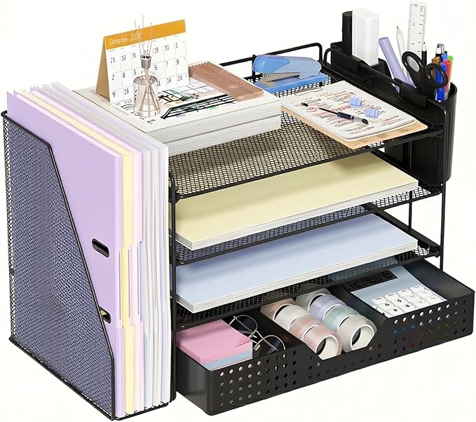 ECOLOVI Desk Organizer, 4-Tier Paper Organizer Letter Tray with File Holder, Drawer and 2 Pen Holders, Desktop File Organizer for Office Supplies, Workspace Storage, Black