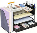 ECOLOVI Desk Organizer, 4-Tier Paper Organizer Letter Tray with File Holder, Drawer and 2 Pen Holders, Desktop File Organizer for Office Supplies, Workspace Storage, Black