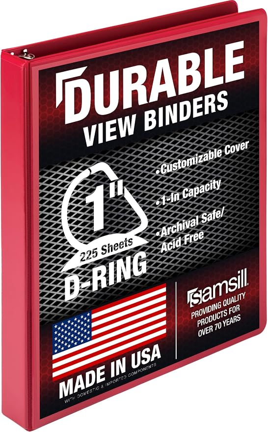 Samsill Durable 1 inch 3 Ring Binder, D Ring Binder, 100% Recycled Chipboard, Red
