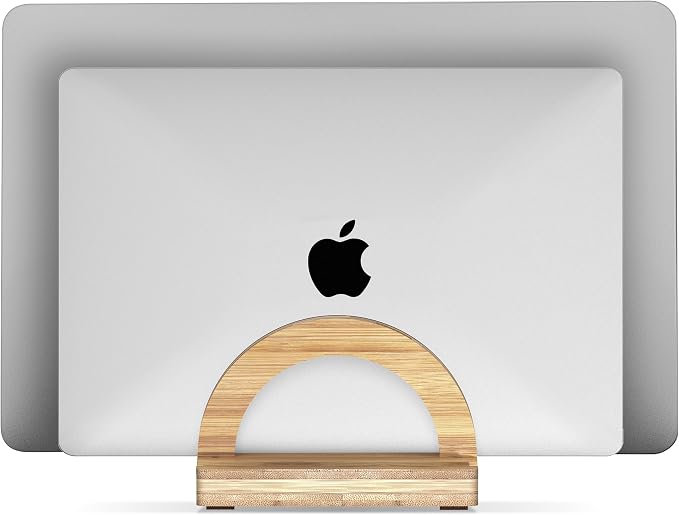 Kothar Premium Wood Vertical Laptop Stand - Adjustable Dual Slot Bamboo Holder for MacBook, Dell, HP, and More | Space-Saving Desktop Organizer | Eco-Friendly, Sleek & Durable Design