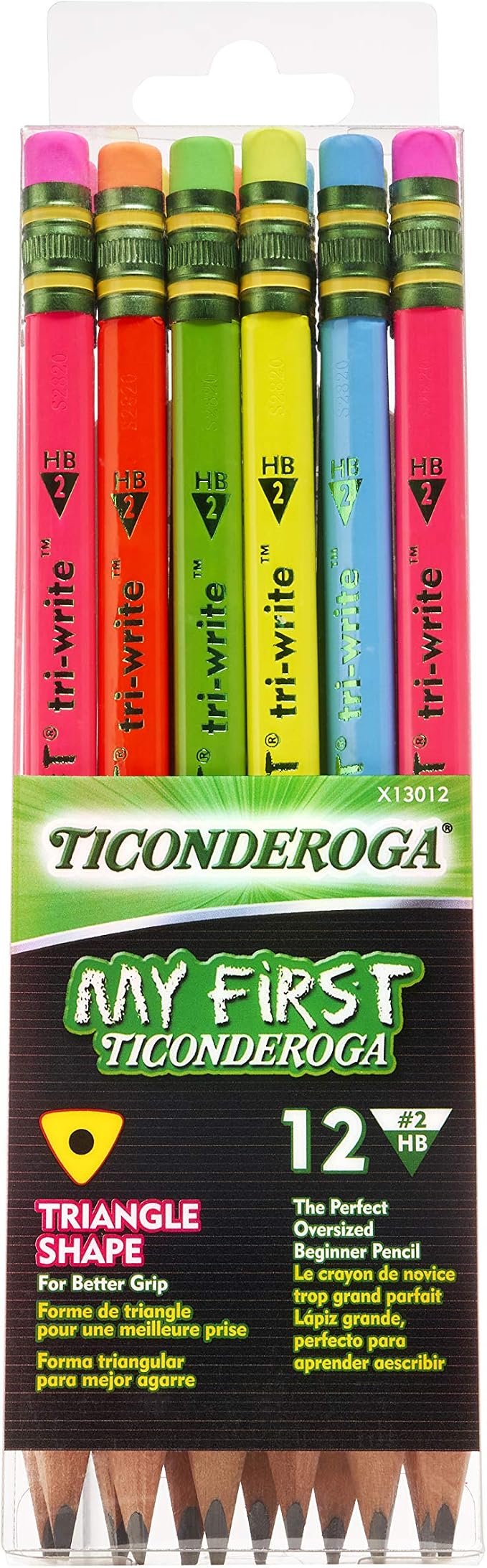 Ticonderoga® Tri-Write Beginners' Pencils With Erasers, #2 Soft, Yellow Barrel, Pack Of 36 & My First Tri-Write Wood-Cased Pencils, Neon Colors, 12 Count (X13012)