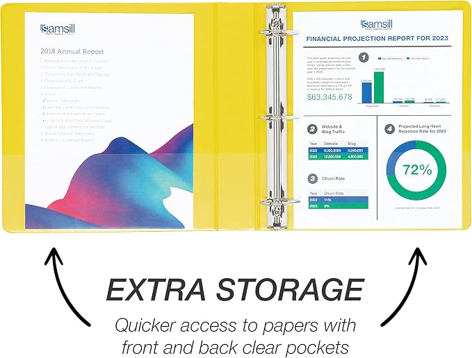 Samsill Durable 1.5 inch 3 Ring Binder, D Ring Binder, 100% Recycled Chipboard, Yellow, 4 Pack