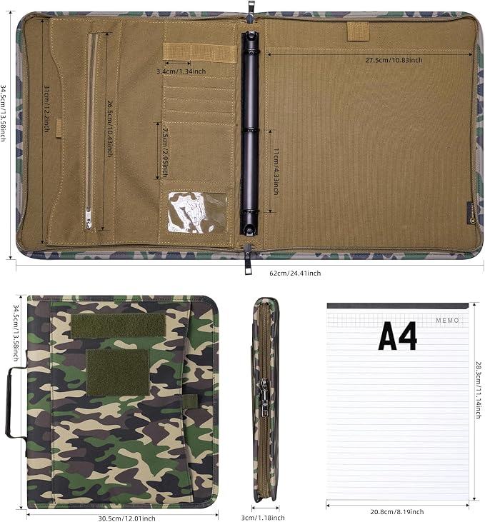 Kosibate Tactical Padfolio Portfolio Binder with Zipper and 25 Sheets of Letter Size Paper,Tactical Notebook Cover with Zippered for Folders,Detachable 3-Ring Binder(Camouflage,A4,13.5X 11.5Inch)