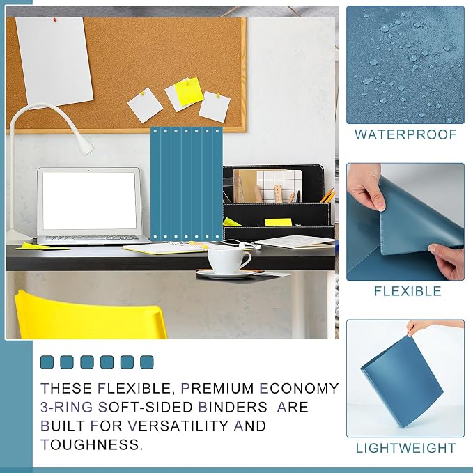 Fulmoon 12 Pcs Economy View 3 Ring Plastic Binder 12.2 x 9.8 Inch Plastic Round Ring Binders with Pockets Notebinder for Meetings for Home, Office, School(Turquoise, 1 Inch)