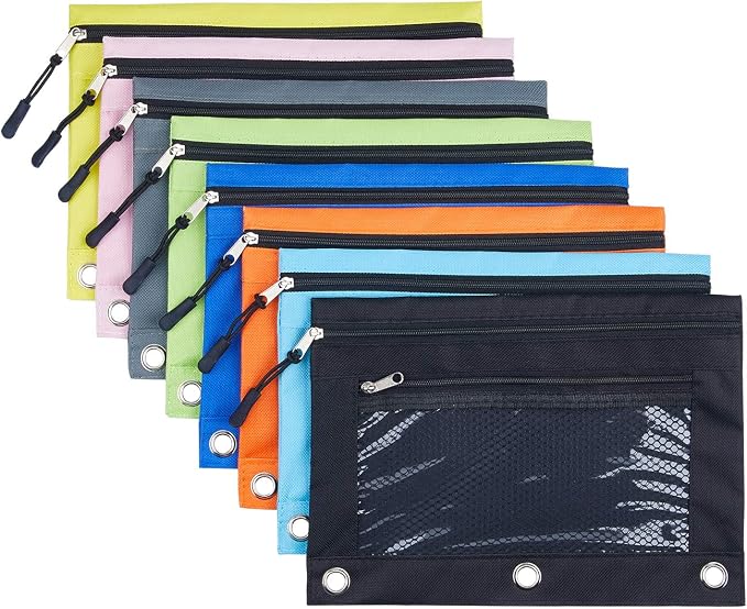 3 Ring Pencil Pouch, Binder Pencil Pouch with Zipper and Mesh Window,8pack 8colors