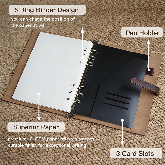 Refillable A5 Leather Binder Notebook, Reusable Leather Journal, Vintage Organizer with 6-Ring Metal Binder, Weekly & Monthly Planner Paper & Pocket, for Writers Business Work Study College and Daily