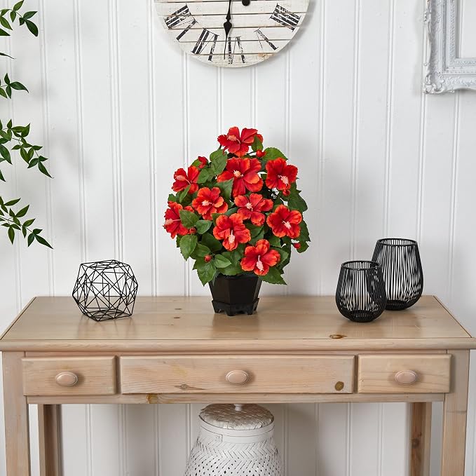 Nearly Natural Artificial Hibiscus with Hexagon Vase Flower Arrangement | Vibrant Multicolor Accents, Maintenance-Free, Black Hexagon Vase Included, Perfect for Home or Office Tabletop Decor