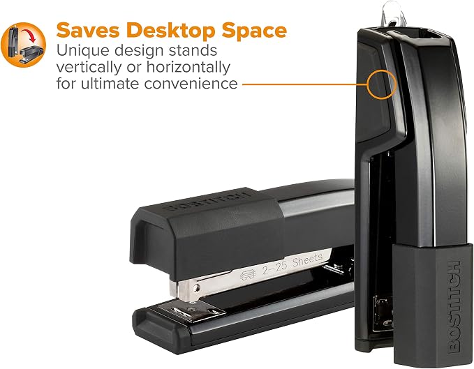 Bostitch Office Epic Metal Desk Stapler, 25 Sheet, Staple Remover, Black | Die-cast body opens 180 degrees for bulletin boards, with a temporary stapling option and a hidden slot for backup fasteners.