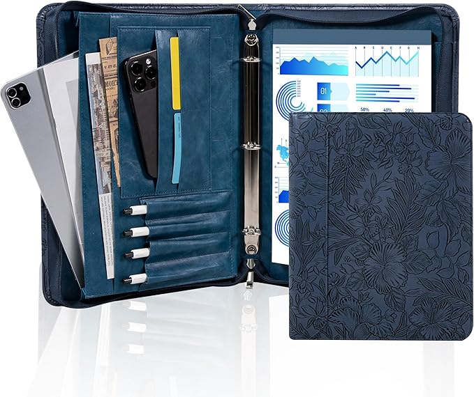 AZXCG Embossed Padfolio for Women,Zippered Padfolio with 3 Ring Binder,Business Portfolio Organizer for Women with A4 Writing Pad Holder, Leather Portfolio Binder for Business,School,Work