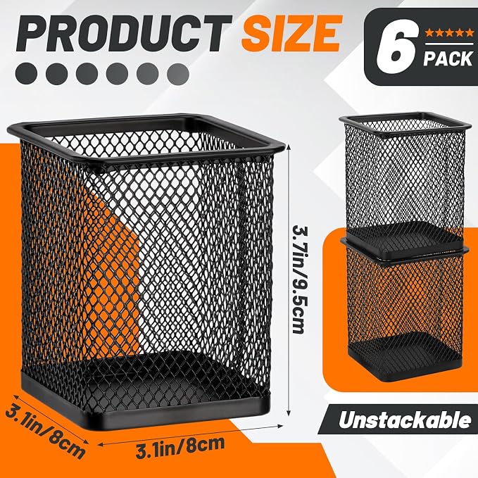 Segarty Pen Cup Holder, 6 Pack Square Black Pen Holder for Desk, Metal Mesh Pencil Cups Bulk for Office Supplies, School Classroom, Desktop Accessories, Makeup Brush
