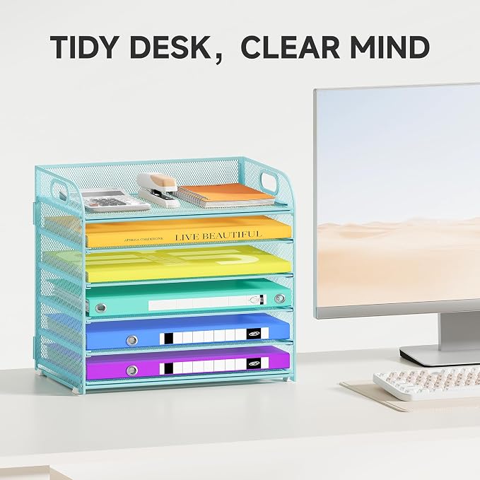 Cawukege 6 Tier Paper Organizer with Handle, Metal Desk Organizer Mesh Paper Letter Tray Desktop File Folder Document Sorter for Classroom, School, Office Accessories Storage (1, 6 Tier - Blue)