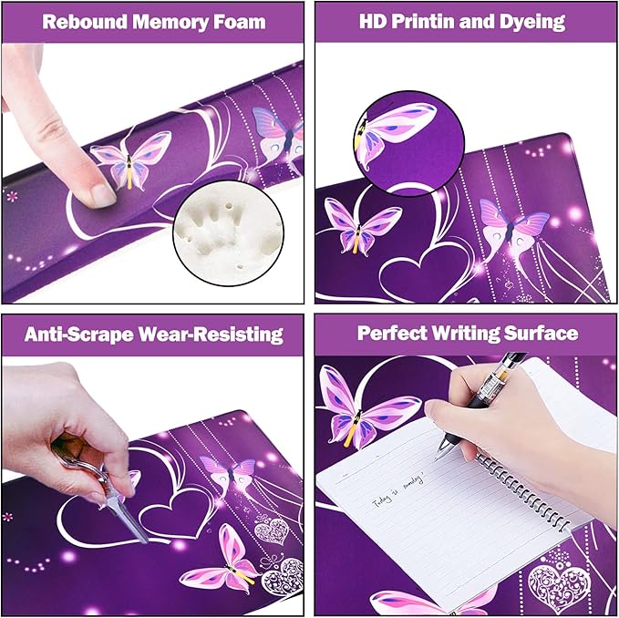 Large Gaming Mouse Pad, Keyboard Wrist Rest Pad & Wrist Support Mousepad Set, Stitched Edge, Extended, Non-Slip Base, Memory Foam Desk Mat for Office, Home, Purple Heart Butterfly