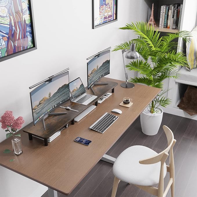 Dual Monitor Stand - 43.7 inch Extra Long Wide TV Stand - Wood & Steel Leg Desktop Riser - Desk Organization - Home Office (Vintage)
