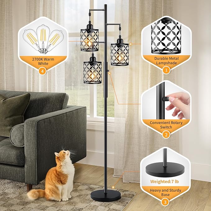 Dimmable Floor Lamp, Farmhouse Standing Lamp with Elegant Metal Cage, Industrial Tall Tree Floor Lamps for Living Room Bedroom Study Room Office, 3 x 800LM LED Bulbs Included - 68", Black