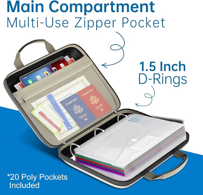 Fireproof Binder Organizer with 20 Pack Binder Pockets & Lock,Beige | Important Document Box with Zipper,Water Resistant Hard Case, Portable Home Office Safe Storage Protection for Letter Size