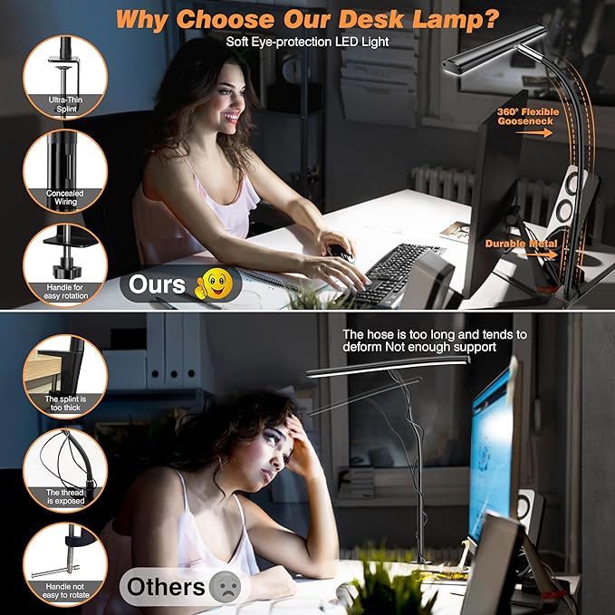 Airlonv LED Desk Lamp with Clamp, 17" Stepless Dimming Light, Black | 2700K-6500K, 100 LEDs, 360° Gooseneck, Fits Up to 30" Monitors, Flicker-Free Lighting for Home Office, Study& Workbench