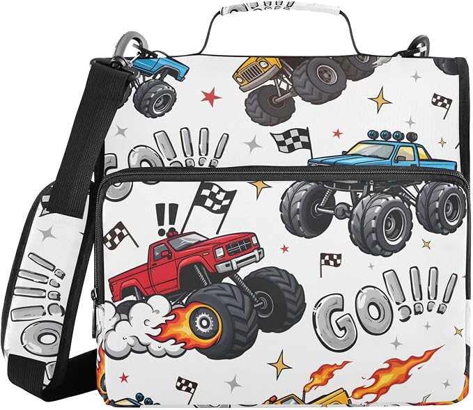 Truck Racing Car Flag Truck 3 Ring Binder Bag 1.5 inch Binder Organizer with Zipper Shoulder Strap 500 Sheet Documents Storage for School Office