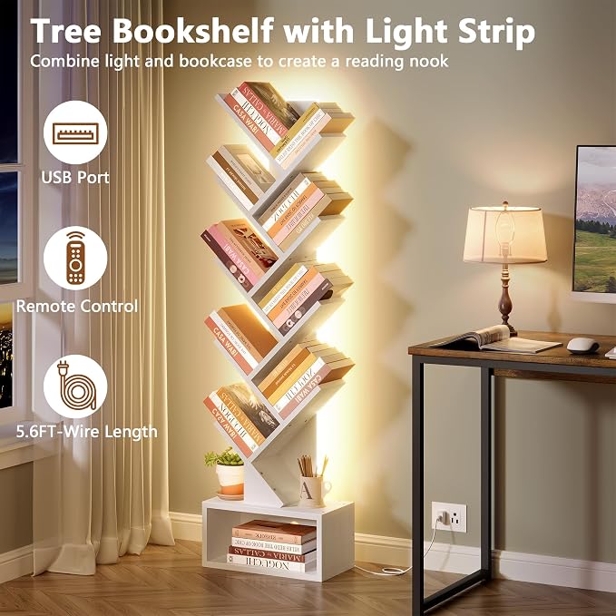 Hoctieon 9 Tier Tree Bookshelf, Tall Bookcase, Freestanding Book Shelf with LED Lights, Display Floor Standing Storage Shelf, Book Organizer Shelves for Home Office, Living Room, White