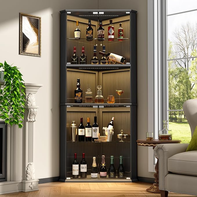 kepptory 72" Corner Curio Cabinet with RGB LED Lights, 6-Tier Glass Display Cabinet with Adjustable Shelves, Lighted Corner Showcase for Collectibles, China, Glassware, Living Room Home Bar