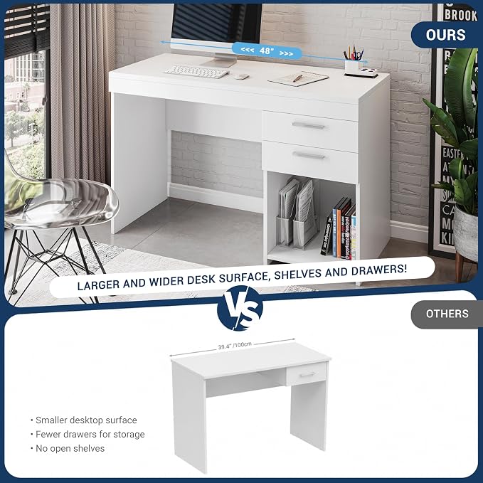 Techni Mobili 48 Inch Modern Compact Computer Desk with Drawers, White | 48 Inch modern desk with storage drawers, sturdy frame, compact design, ideal for bedrooms and home office workspaces