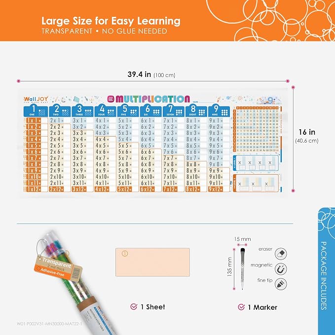 Large Dry Erase Multiplication Chart, 39.4x16 in Times Table Chart