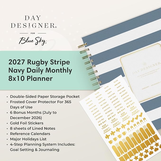 Blue Sky 2027 Daily & Monthly Planner Calendar, 8"x10", Rugby Stripe Black