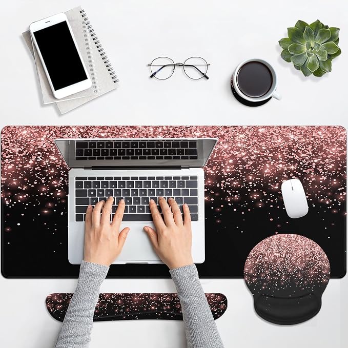 Keyboard Mouse Pad Set, 4 in 1 Desk Mat Set, Pink Rose Gold | Golden Black Large Mousepad+Keyboard Wrist Rest+Mouse Wrist Rest+Coaster Ergonomic Design for Home Office Computer
