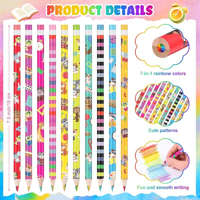 Nezyo 100 Pcs Rainbow Colored Pencils Bulk - 7 Color in 1 Wooden Fun Colorful Pencils Assorted Cute Novelty Art Supplies for Drawing Coloring Back to School Gifts Incentive Reward Stocking Stuffers