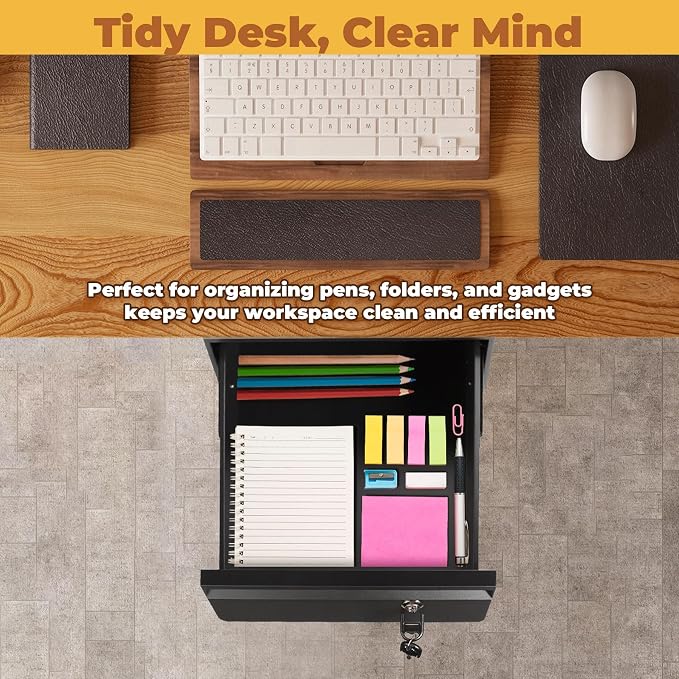 POPMOON 14 in Deep Under Desk Drawer Lockable, Pull Out Storage Organizer | Carbon Steel Under Table Drawer with Lock & Key, Adjustable Height Under Desk Drawer Slide Out Smooth Slide Rails,Hold 33 lbs