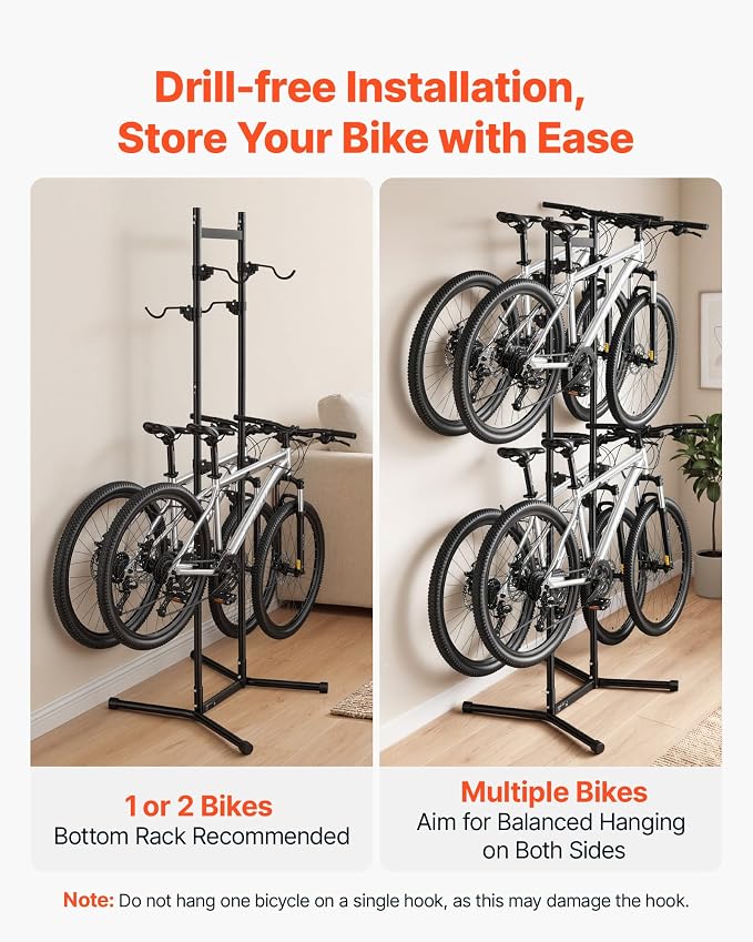 VEVOR Bike Stand for 2 Bikes, Freestanding Vertical Bike Storage Rack, with Height-Adjustable Hooks, Heavy-Duty Carbon Steel Standing Bicycle Floor Stand, Ideal for Garage, Apartment, Home, Black