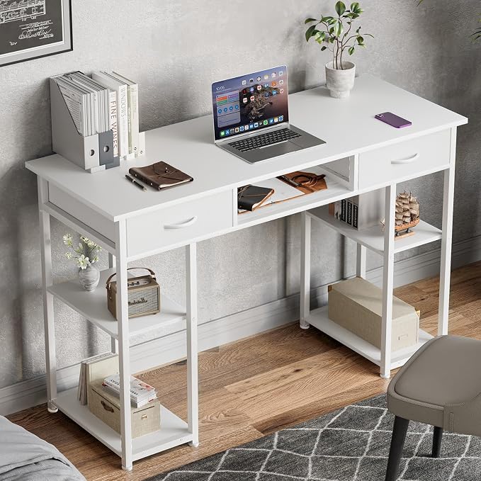 DUMOS 48-Inch Computer Desk with Drawers and Hook, White | Home Office Desk for Bedroom, Gaming Writing Study Desk with Adjustable Feet