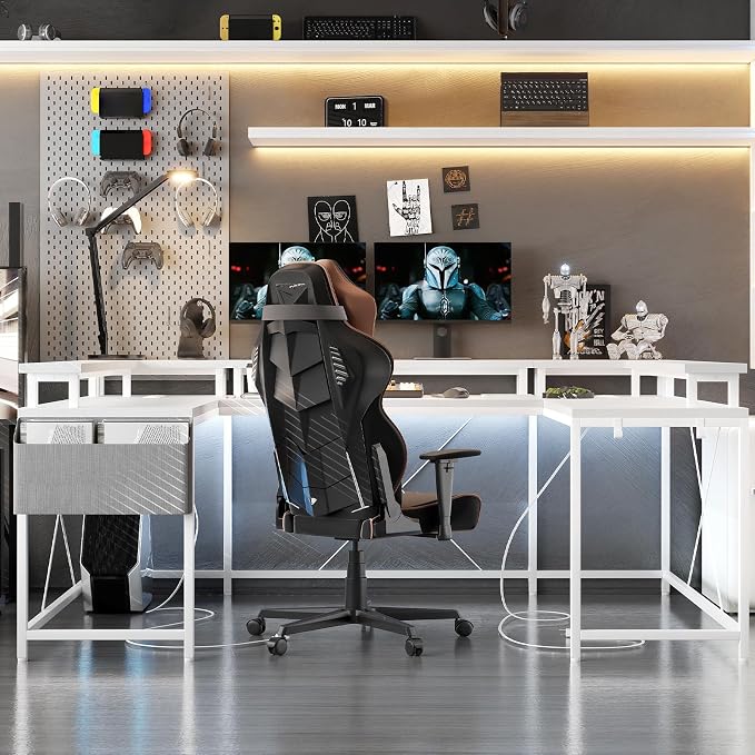 Reversible u Shaped to l Shaped Computer Desk with RGB Lighting & Charging Station, 79 Inch Home Office Workstation with Full Monitor Stand, Heavy Duty Gaming Desk Supporting 600LBS, Multiple Color Op