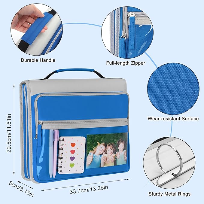 Ndsox Zipper Binder 3 Ring with Handle, 2 Inch O-Ring Document Organizer Middle School Binder with Zipper for Students, 5-Tab Expanding File Folder & 2 Mesh Pouches, DIY Clear Front Pocket, Blue