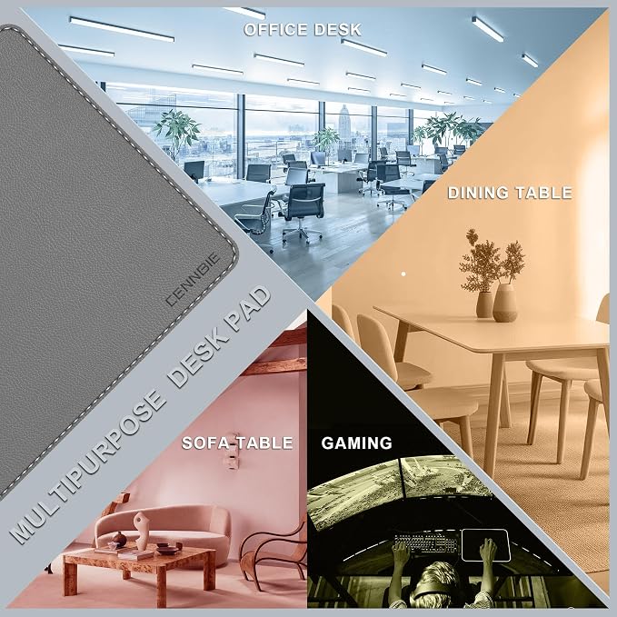 CENNBIE 35.5" x 16" Leather Desk Mat, Computer Mouse Pad for Office(Grey) | Premium Stitched Edges Resist Wear. Waterproof, Non-Slip & Easy To Clean. Protects Desk From Scratches. For Office & Home.
