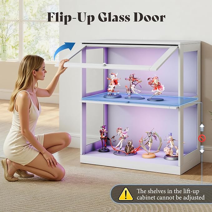 AMERLIFE RGB Display Cabinet, 32 x 16 x 36 Inch | 2-Tier Storage Case with LED Lights and 2 Glass Flip-Up Doors, White