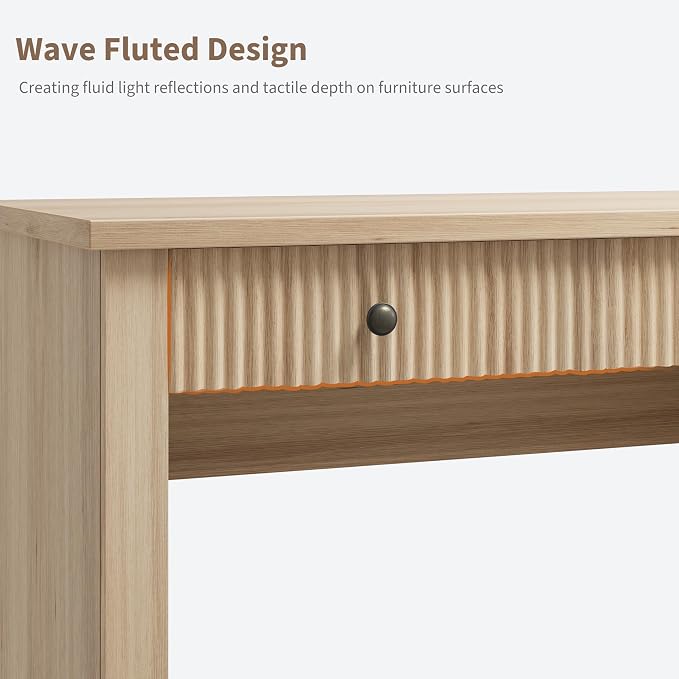54" Fluted Home Office Desk, Oak Modern Executive Desk for Home Office | 1 File Drawer, 3 Drawers, Charging Station, Retro Metal Knob, Ball-Bearing Sliderails, Wooden Computer Desk, Writing Desk