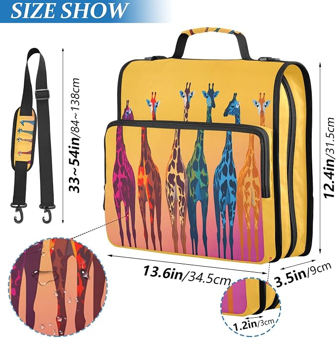 MNSRUU 3 Ring Binder Bag, 2 Inch D-Rings Easily Organizes 1 Inch Fits Letter Sized Paper, Funny Giraffe Large 3 Hole Zipper Binder Organizer for School Office Supplies