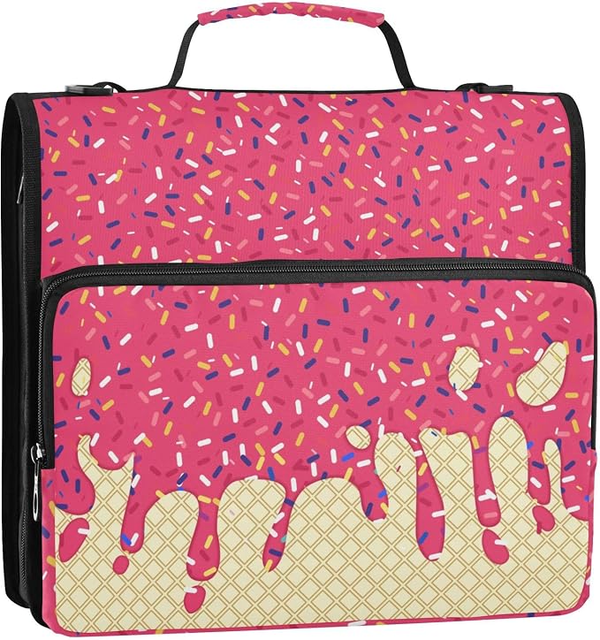Red Ice Cream Print 3 Ring Binder Bag 1.5 inch Binder Organizer with Zipper Shoulder Strap 500 Sheet Documents Storage for School Office