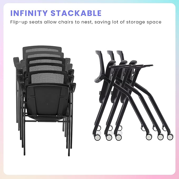 BROBRIYO, 4 Pack Stackable Conference Room Chairs with Wheels and Paddle, Ergonomic Mesh Back and Arms for Meeting, Conference, Reception, Training Room & Home Office Desk Folding Chairs (2 Boxes)
