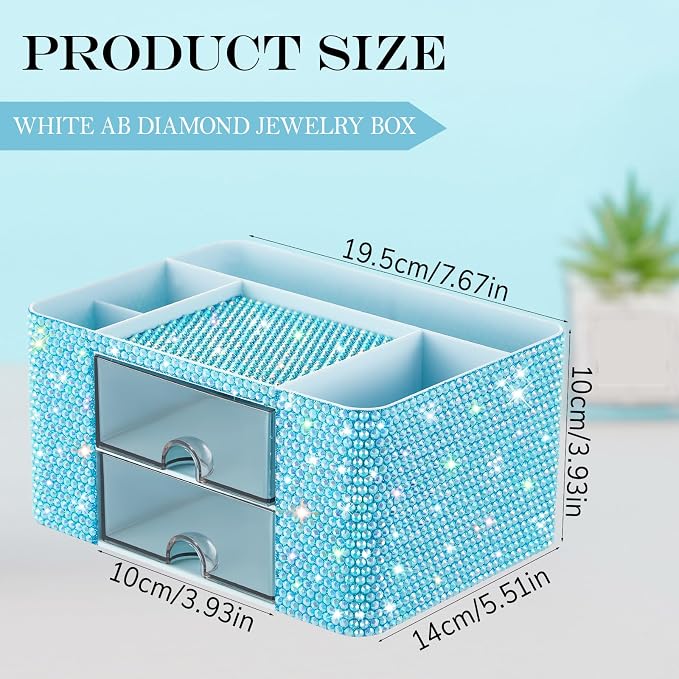 MotiMind Blue Bling Desk Organizer with 2 Drawer, Sparkly Makeup Organizer for Vanity, Girly Desk Accessories, Rhinestone Pen Holder, Elevate Your Workspace with Blue Serenity (Diamond)
