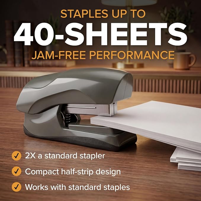 Bostitch Heavy Duty Compact Stapler, 40-Sheet Capacity, No-Jam Technology, Flat Clinch Design, Half-Strip Desktop Stapler, Gray