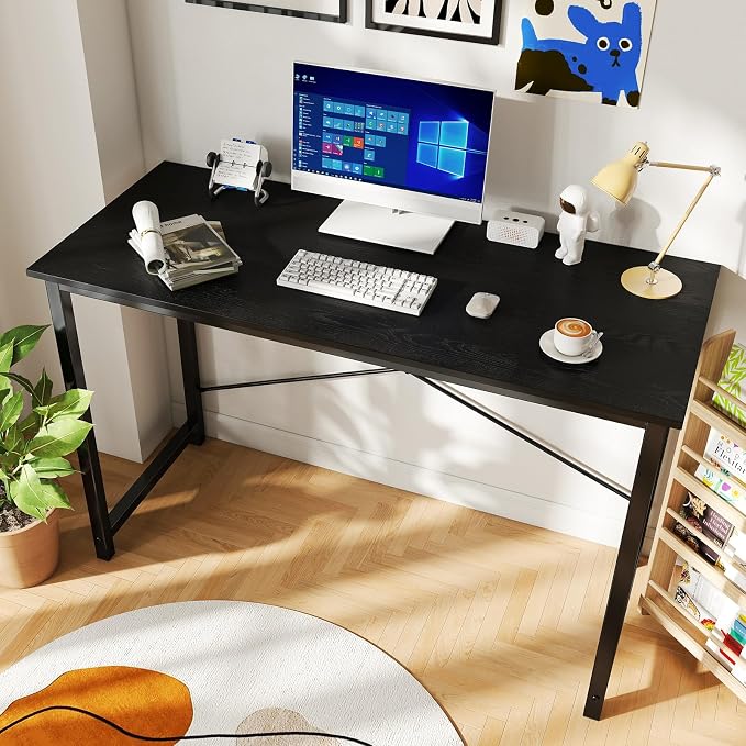 DUMOS 47 Inch Small Computer Desk, Gaming Desks for Home Office Bedroom | Modern Study Writing Work Table, Craft PC Desk Simple Workstation with Reinforcement Structure, Black